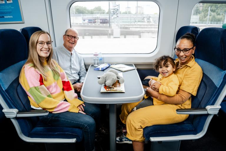 Rachel, Winnie, Daniel & Becky on a train